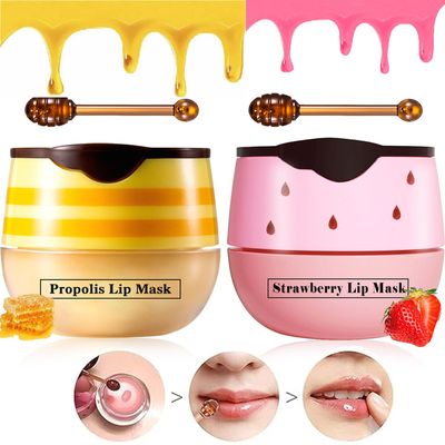 2 Pcs Lip Balm Honey Pot Lip Treatment Overnight Lip Sleeping Balm Strawberry Honey Pot lip Mask Moisturizing Exfoliating Prevent Dry &amp; Cracked Diluting Lip Lines (Honey &amp; Strawberry)