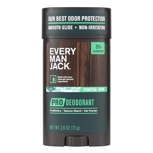 Every Man Jack Men&#39;s Pro Deodorant - 48-Hour Odor Defense Blend - Aluminum Free - Contains Postbiotics, Tapioca Stach &amp; Oat Powder - Coastal Surf Scent - 2.6 oz (1 Pack)
