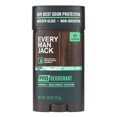 Every Man Jack Men&#39;s Pro Deodorant - 48-Hour Odor Defense Blend - Aluminum Free - Contains Postbiotics, Tapioca Stach &amp; Oat Powder - Coastal Surf Scent - 2.6 oz (1 Pack)