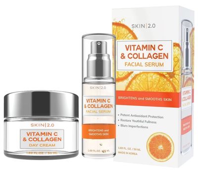 Skin 2.0 Vitamin C &amp; Collagen Serum &amp; Day Cream Set - Anti-Aging, Dark Spot Remover &amp; Brightening - Dermatologist Tested Korean Skincare - Clean Beauty, Cruelty-Free, All Skin Types - 1.69 Fl. oz