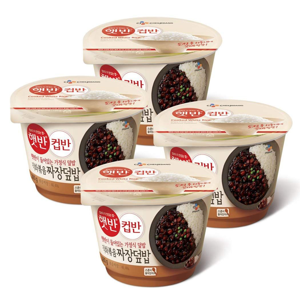 Cupbahn Korean Pre-Cooked Meal with White Rice - 25 Taste by Hetbahn (Black Bean Jjajang Sauce, 4 Bowls)