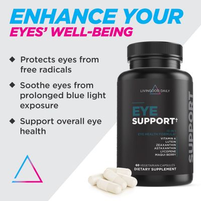Livingood Daily Eye Support, 13-in-1 Vision Supplement with Lutein, Zeaxanthin, Astaxanthin, Vitamin A, Lycopene, Maqui Berry &amp; More, Promotes Healthy Eyes, Blue Light Protection, Vegan, 60 Capsules