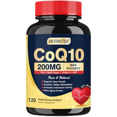 DRFOSTER Coq10 200mg, Co q 10 Supplement for Heart Supports &amp; Energy Production, 6X High Absorption with Vitamin E &amp; PQQ &amp; Black Pepper Extract, Coq10 200mg Softgels, Coq10 120 Servings