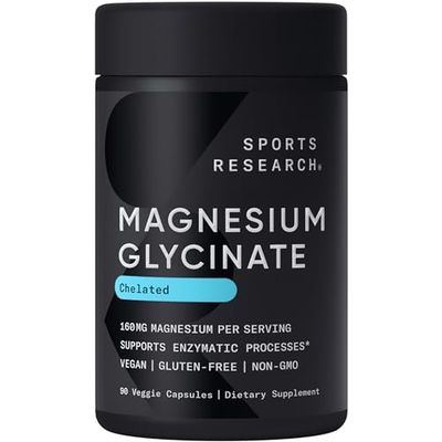Sports Research Magnesium Glycinate - Supports Restful Sleep &amp; Enzymatic Processes - 160 mg Chelated Magnesium - Vegan Capsule - 90 Count