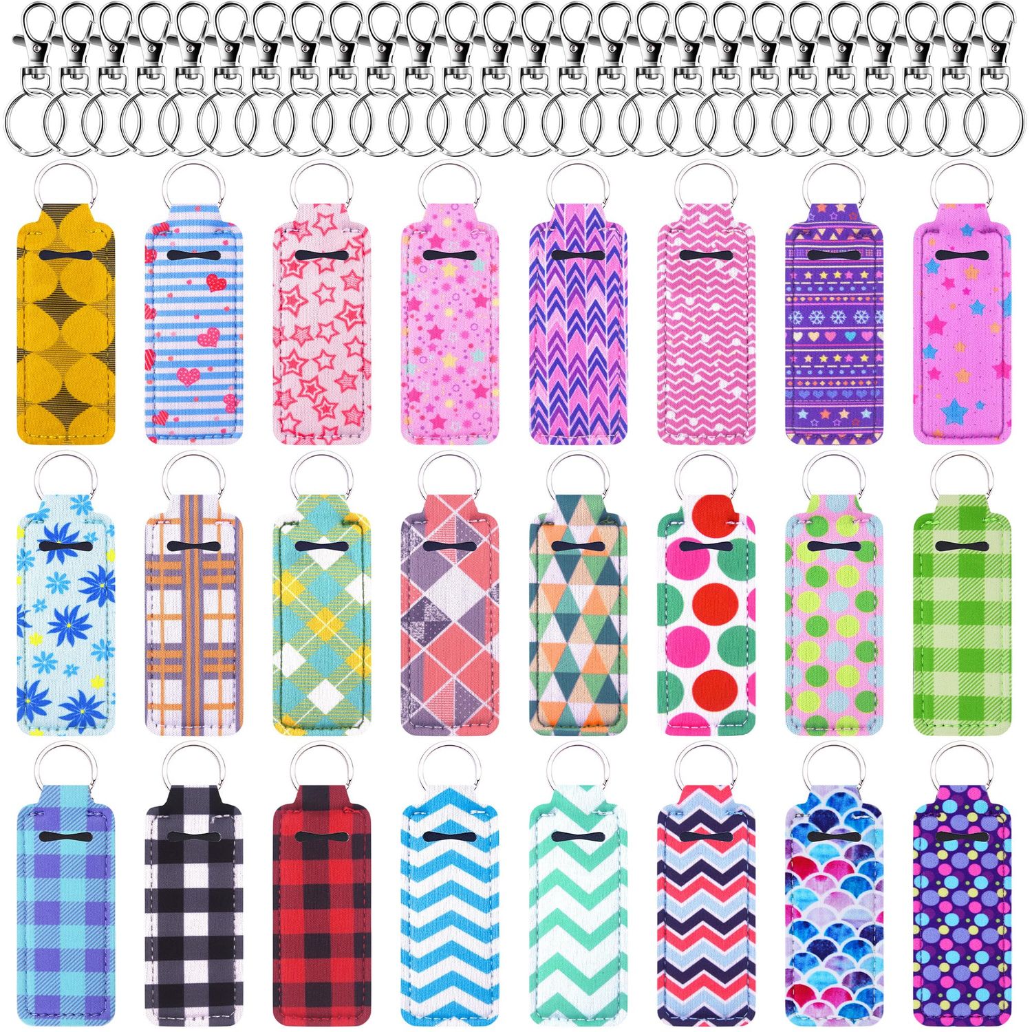 Duufin 24 Pieces Chapstick Holder Keychains Bulk Lipstick Holder Keychians Lip Balm Holder with 24 Pieces Metal Clip Cords for Purse Backpack