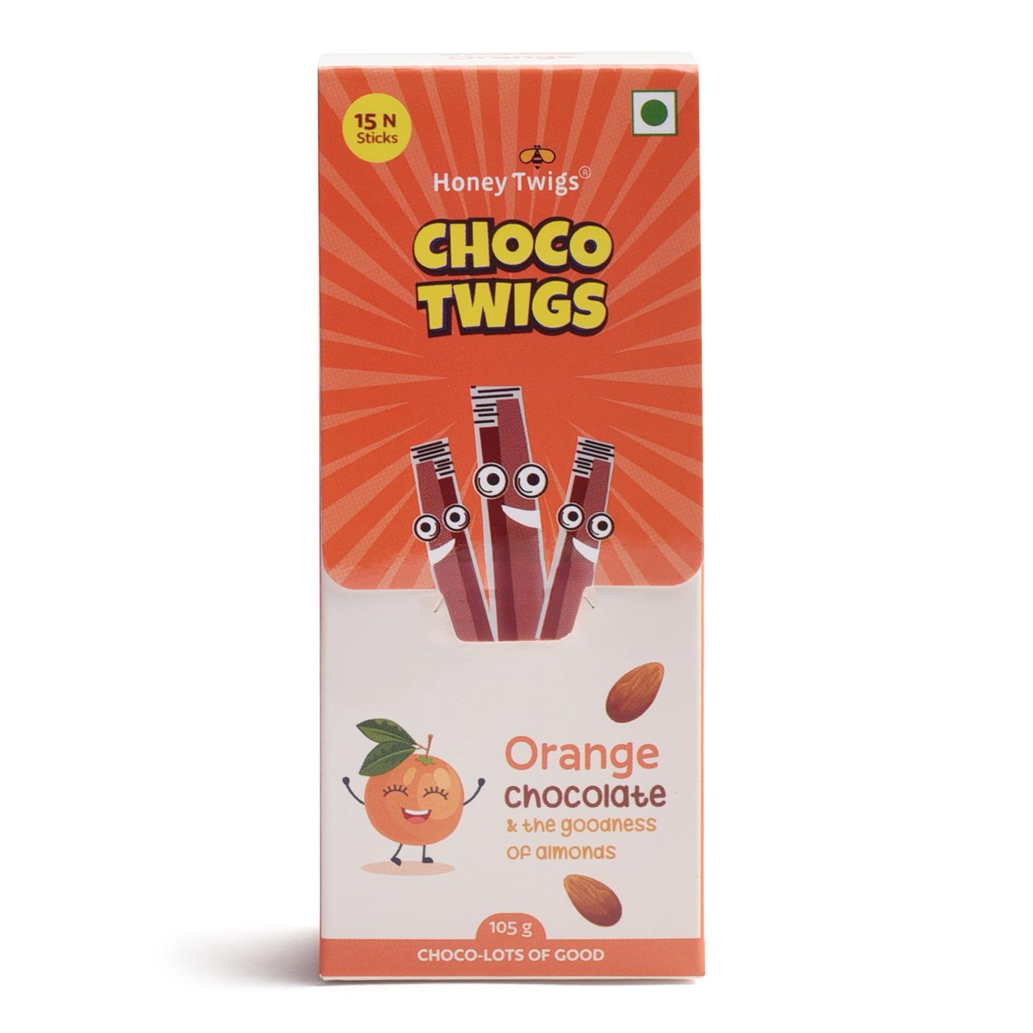 Choco Twigs - Almond Butter Sticks | Chocolate Orange Flavor - Made with Real Almonds| Pocket Friendly Travel Pack | Healthy Snack for Kids &amp; Adults | 15 sticks per pack.