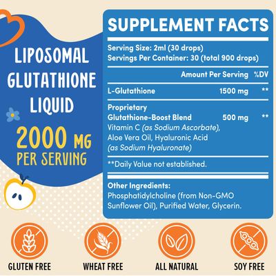 Prunucis 2000MG Liposomal Glutathione Liquid, 98 Absorption, Glutathione Liquid Supplement, Active Form L- Glutathione, Powerful Antioxidant Complex for Immune System, Aging Defense, Detox, 4 FL.OZ