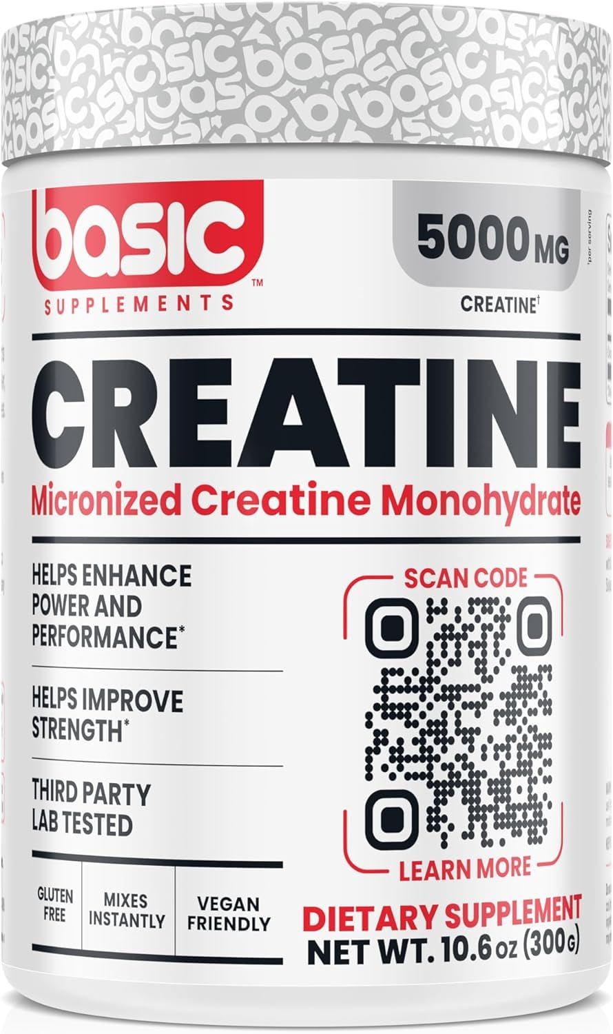 Basic Creatine Monohydrate 5000mg Powder, 100 Pure Micronized for Muscle Growth, Strength, Power &amp; Performance, Gluten-Free, Vegan, Easy Mix, Unflavored, 60 Servings