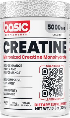 Basic Creatine Monohydrate 5000mg Powder, 100 Pure Micronized for Muscle Growth, Strength, Power &amp; Performance, Gluten-Free, Vegan, Easy Mix, Unflavored, 60 Servings