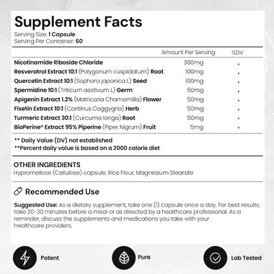 Timeless - NAD Supplement for Anti-Aging, Longevity, Cellular Energy Support - Nicotinamide Riboside, Spermidine, Resveratrol - BioPerine for Enhanced Absorption (60 Capsules)
