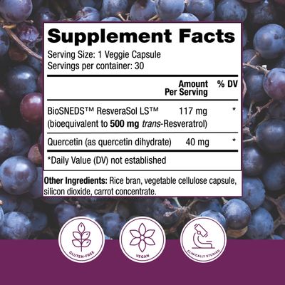 Reserveage Beauty Resveratrol Plus 500 mg - Rapid-Release Resveratrol Capsules with Quercetin for Immune System, Brain Health &amp; Cellular Health - Gluten-Free &amp; Vegan - 30 Veggie Capsules