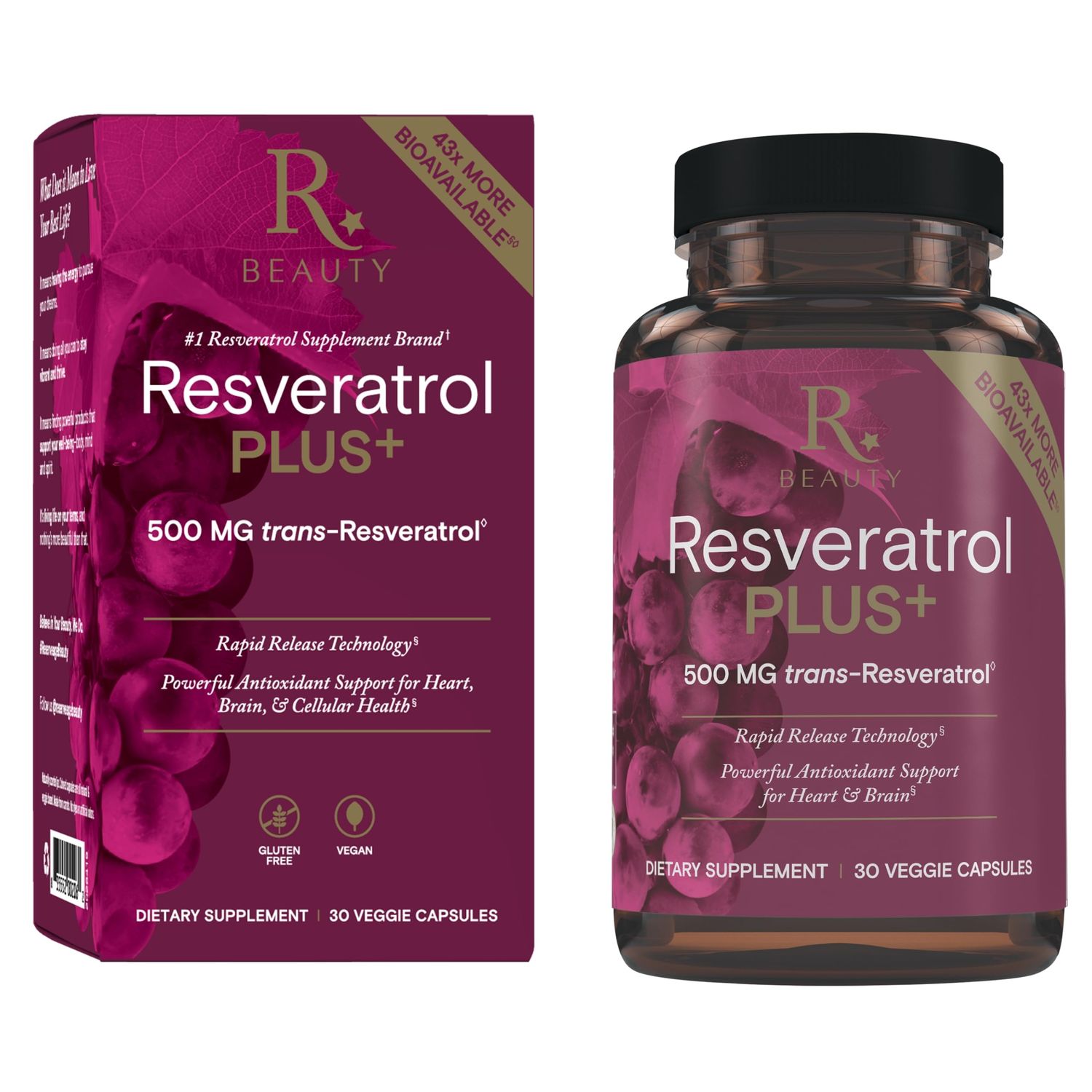 Reserveage Beauty Resveratrol Plus 500 mg - Rapid-Release Resveratrol Capsules with Quercetin for Immune System, Brain Health &amp; Cellular Health - Gluten-Free &amp; Vegan - 30 Veggie Capsules