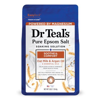 Dr Teal&#39;s Epsom Salt Magnesium Soak, Soothe &amp; Comfort with Oat Milk &amp; Argan Oil, 3 lbs