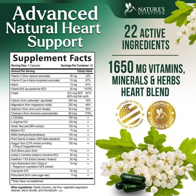 Heart Supplements for Men &amp; Women 1650mg - CoQ10 and Antioxidants for Heart Health &amp; Nitric Oxide Support - Hawthorn, Plant Sterol &amp; More Vitamins to Support Energy Production, Non-GMO - 60 Capsules