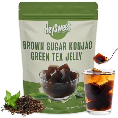 HeySweet Green Tea Jelly - Vegan, Dye-Free Asian Konjac Jelly with Brown Sugar &amp; Real Green Tea | Jel Dessert &amp; Topping for Iced Tea, Latte, Ice Cream | Halal, Gluten-Free | 9 oz, 8 Servings