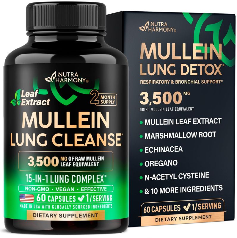 Mullein Leaf Extract for Lung Detox - Marshmallow Root | Echinacea | Oregano | Quercetin | NAC - 15-in-1 Lung Support &amp; Cleanse for Smokers Supplement - Made in USA - As Drops, Tincture - 60 Capsules
