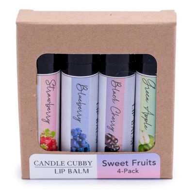 Candle Cubby Lip Balm Sweet Fruits 4-Pack, Strawberry Blueberry Black Cherry Green Apple, Natural Beeswax, Moisturizing Lip Treatment, 4 Tubes, 0.15 oz., White