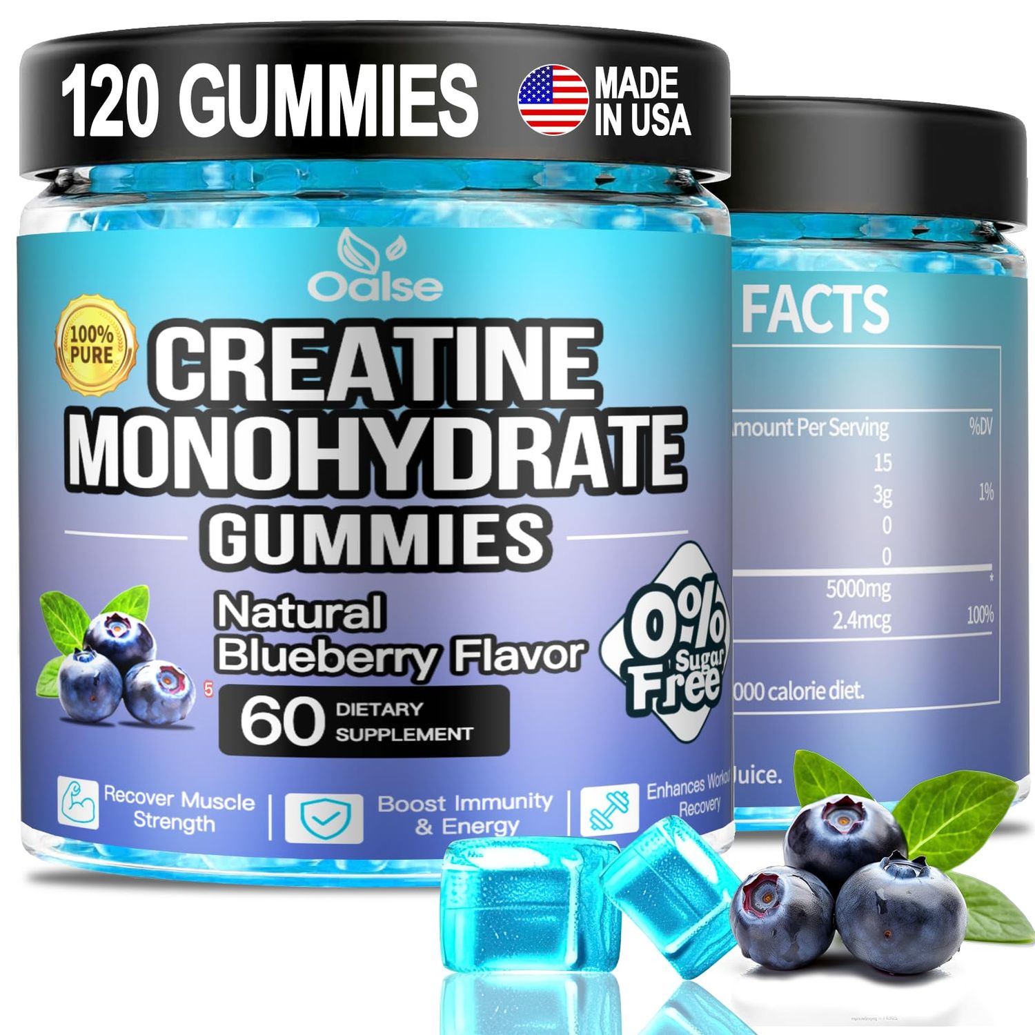 (2Pack120 Count) Creatine Monohydrate Gummies for Men &amp; Women 5000mg, Chewable Creatine Monohydrate with W/L-Taurine Vitamin B12 for Muscle Support, Energy Boost - Sugar Free,Vegan (Blueberry)
