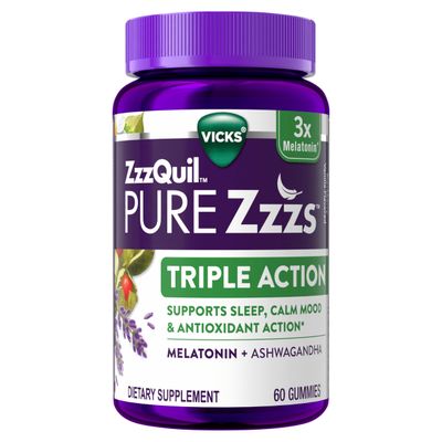 ZzzQuil PURE Zzzs Triple Action, Melatonin Gummies, Melatonin 6mg, 3X Melatonin, Sleep Aid with Ashwagandha, Calm Mood, Antioxidant Action, Sleep Aids for Adults, 60 Sleep Gummies