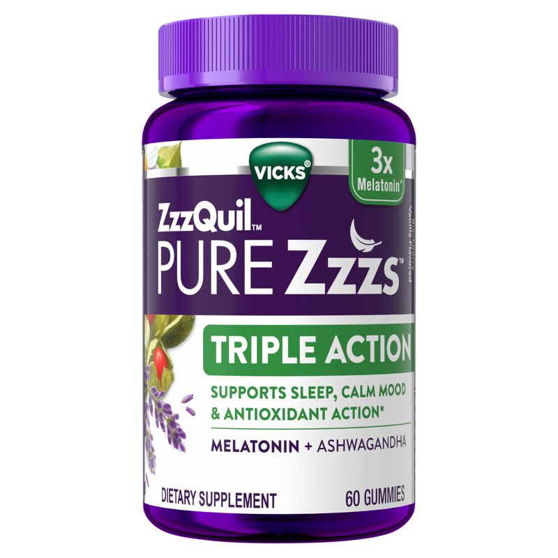 ZzzQuil PURE Zzzs Triple Action, Melatonin Gummies, Melatonin 6mg, 3X Melatonin, Sleep Aid with Ashwagandha, Calm Mood, Antioxidant Action, Sleep Aids for Adults, 60 Sleep Gummies