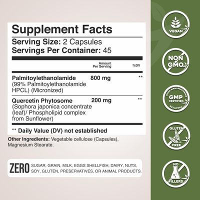 Gade Nutrition Palmitoylethanolamide Pea Supplement 800 mg with Quercetin 200 mg | Micronized Pea 99 Highly Purified and 95 Quercetin Bioavailable | Made in USA | Supplement for Men and Women