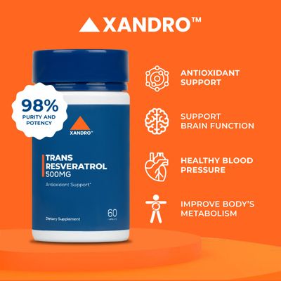 XANDRO Trans Resveratrol 500 mg, 60 Capsules Lab | Antioxidant Support | 60 Vegan Capsules