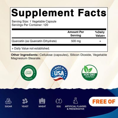 Vitamatic Quercetin 500 mg, 120 Vegetarian Capsules (Non-GMO, Gluten Free, Vegan) - Supports Cardiovascular Health