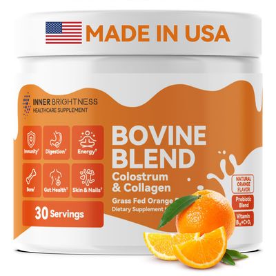 Inner Brightness Bovine Colostrum &amp; Collagen Powder for Gut Health, Immune Support, Hair Growth &amp; Beauty Supplement, Sugar Free - IgG, Probiotics, Vitamin B12, C, D3 - Orange Flavor, 30 Servings