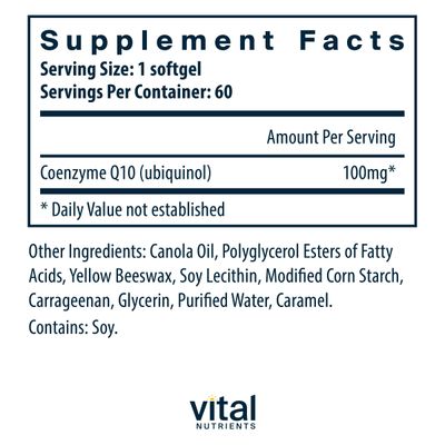 Vital Nutrients Ubiquinol CoQ10 100mg | Activated Form of Coenzyme Q10 | Potent Antioxidant to Support Cardiovascular and Brain Health | Gluten and Dairy Free | 60 Vegetarian Softgels