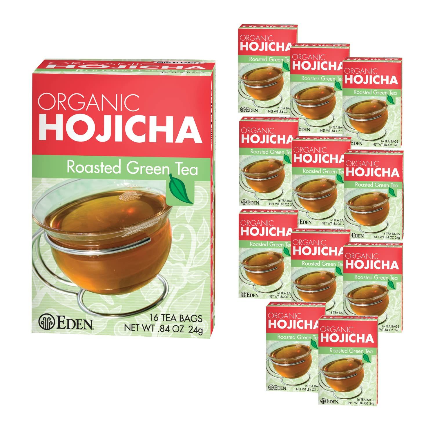 Eden Hojicha Organic Roasted Green Tea, Low Caffeine, Japanese, 16 Unbleached Manila Tea Bags per Box (12-Pack Case)