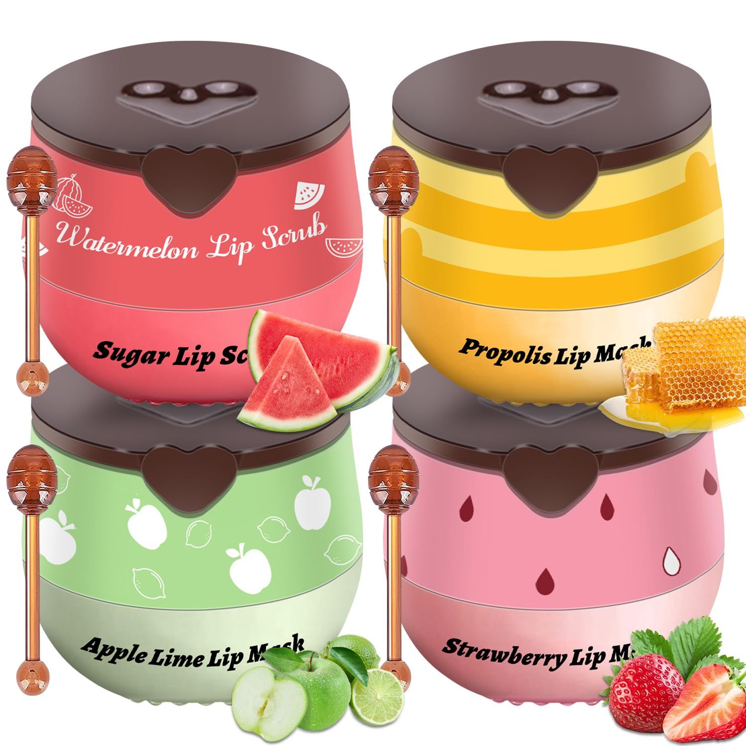 4 PCS Bee Lip Balm Honey Pot, Lip Scrub &amp; Lip Mask Set Honey Watermelon Apple Strawberry Honey Lip Balm Sleeping Lip Mask Overnight with Sticks, Lip Exfoliating Prevention Dry and Crack