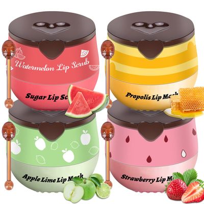 4 PCS Bee Lip Balm Honey Pot, Lip Scrub &amp; Lip Mask Set Honey Watermelon Apple Strawberry Honey Lip Balm Sleeping Lip Mask Overnight with Sticks, Lip Exfoliating Prevention Dry and Crack