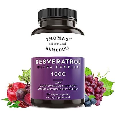 Thomas&#39; all-natural Remedies Resveratrol 1600mg Organic Trans-Resveratrol Antioxidant Supplement with Organic Grape Seed Extract and Quercetin- Anti-Aging and Cardiovascular Support- 120 Capsules