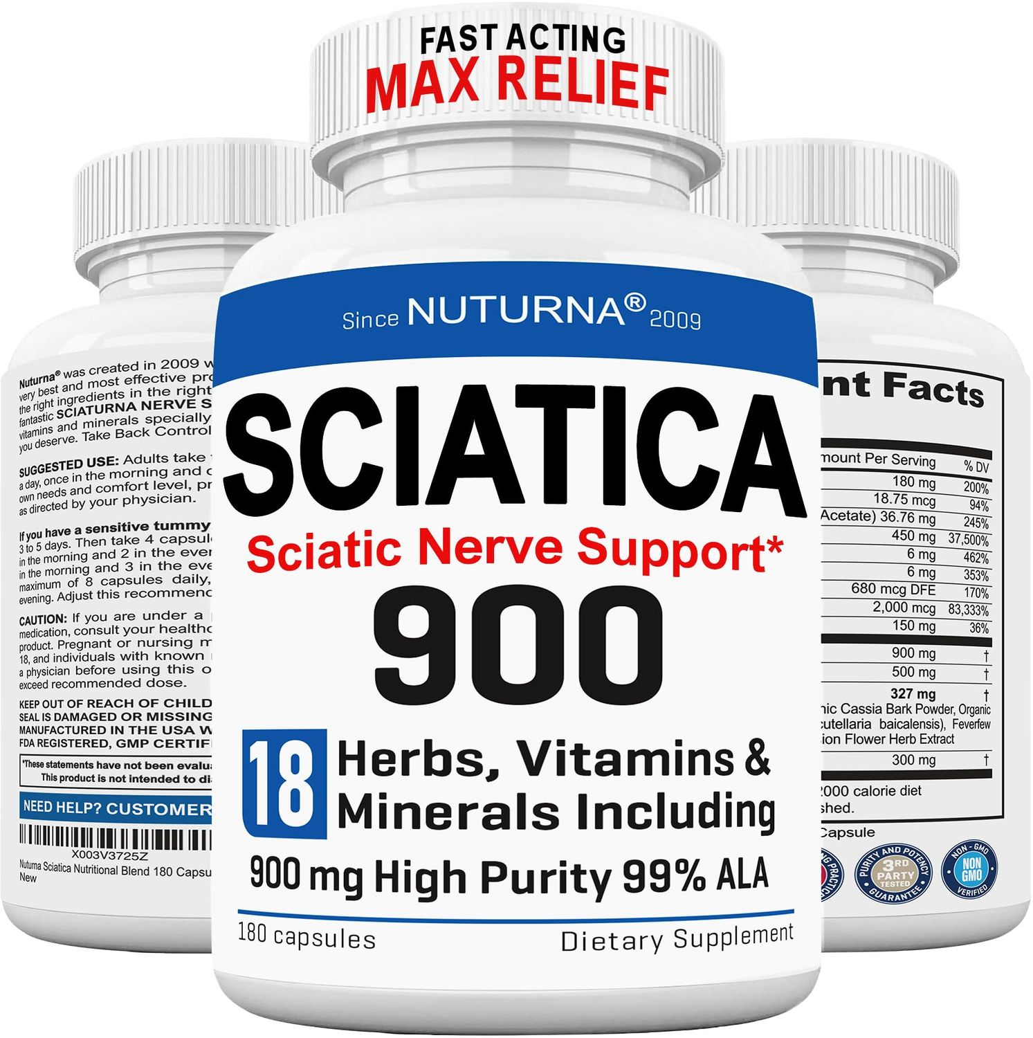 Sciatica Nerve Relief Supplement with 900 mg Alpha Lipoic Acid - Maximum Strength ALA Sciatic Support for Feet, Hands, Fingers, and Legs - Ultra Potent 18-in-1 Natural Nerve Vitamins - 180 Capsules