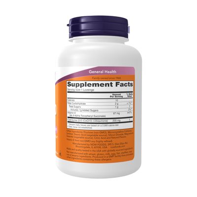 NOW Foods Supplements, CoQ10 200 mg, Pharmaceutical Grade, All-Trans Form produced by Fermentation, 90 Lozenges