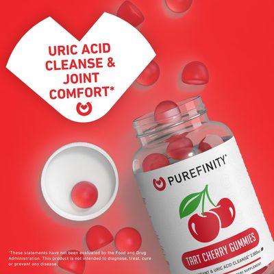 PUREFINITY Tart Cherry Gummies - Uric Acid Flush for Joint Relief &amp; Recovery, Raw Juice Extract Antioxidant - Non-GMO, Gluten Free, Vegan, 60 Count