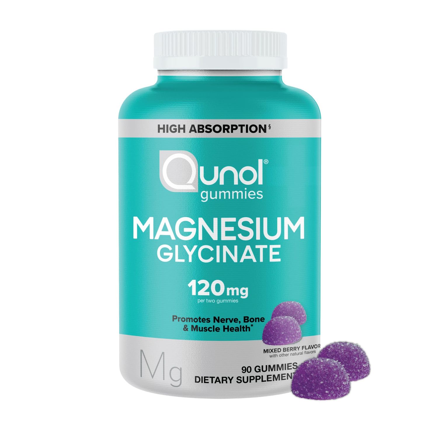 Qunol Magnesium Glycinate Gummies, 120mg of Magnesium Glycinate, High Absorption, Mixed Berry, 90 Count (Pack of 1)