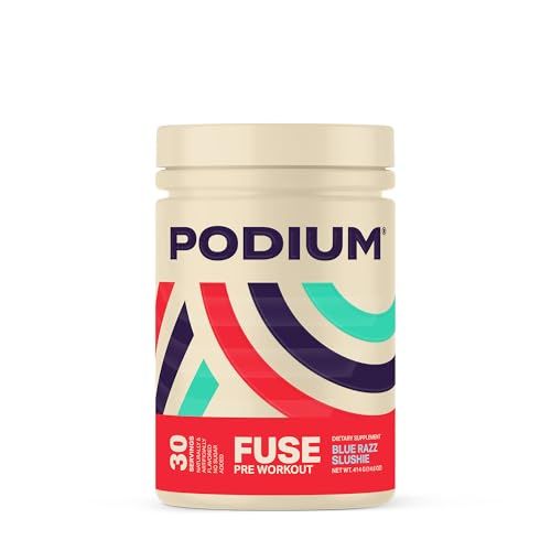 Podium Nutrition, Fuse Pre Workout Powder, Blue Razz Slushie, 30 Servings, Beta Alanine and Caffeine for Energy, Gluten Free, Soy Free, Dairy Free