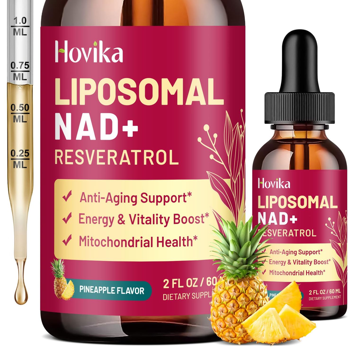 Liposomal NAD Supplement - 1200mg NAD Liquid Drops for Women &amp; Men with Resveratrol, Black Pepper Extract - Support Anti-Aging, Brain &amp; Cellular Mitochondrial Health - 2 Fl Oz, Pineapple Flavor