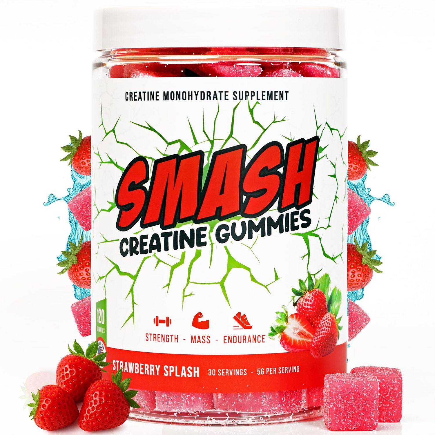Creatine Monohydrate Gummies 5g Dose for Men &amp; Women,Made in USA, Vegan &amp; Gluten Free to Support Muscle, Strength, Recovery, Cognitive Health &amp; Memory, Strawberry, 120 Gummies