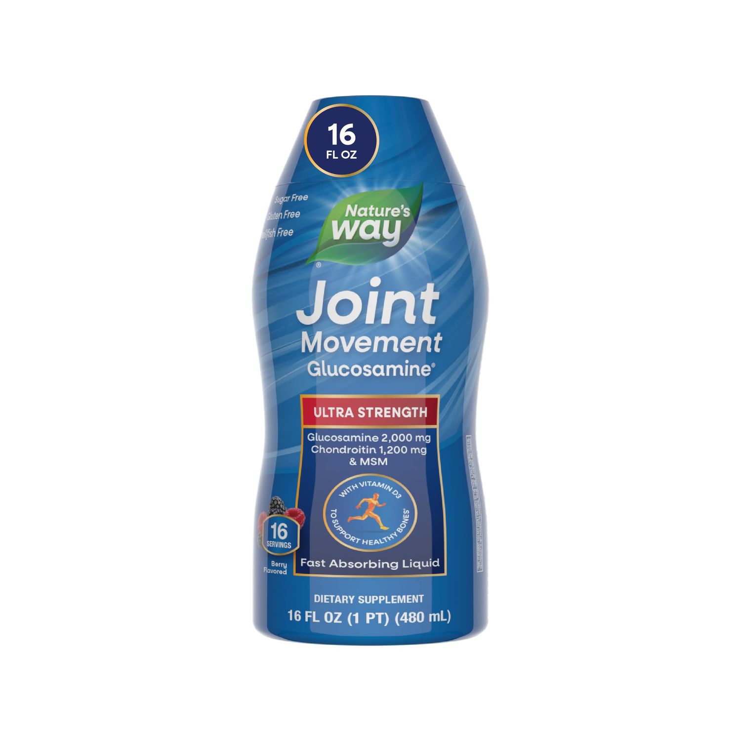 Nature&#39;s Way Joint Movement Glucosamine Fast Absorbing Liquid, Ultra Strength, Supports Healthy Bones, Chondroitin, and MSM with Vitamin D3, Berry Flavored, 16 Fl Oz (Packaging May Vary)