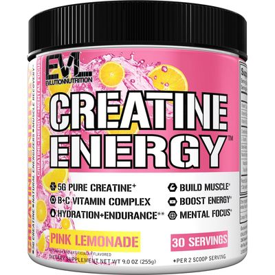 Evlution Nutrition Creatine Energy - Supports Muscle Growth, Boosts Energy, Endurance &amp; Cognition - 5g Pure Creatine Monohydrate Per Serving - B C Vitamin Complex - 30 Servings - Pink Lemonade