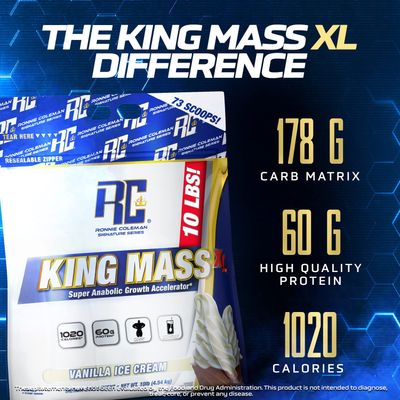 Ronnie Coleman Signature Series King Mass XL Mass Gainer Protein Powder, Muscle Gainer, 60g Protein, 180g Carbohydrates, 1,000 Calories, Creatine and Glutamine, Dark Chocolate, 10 Pound