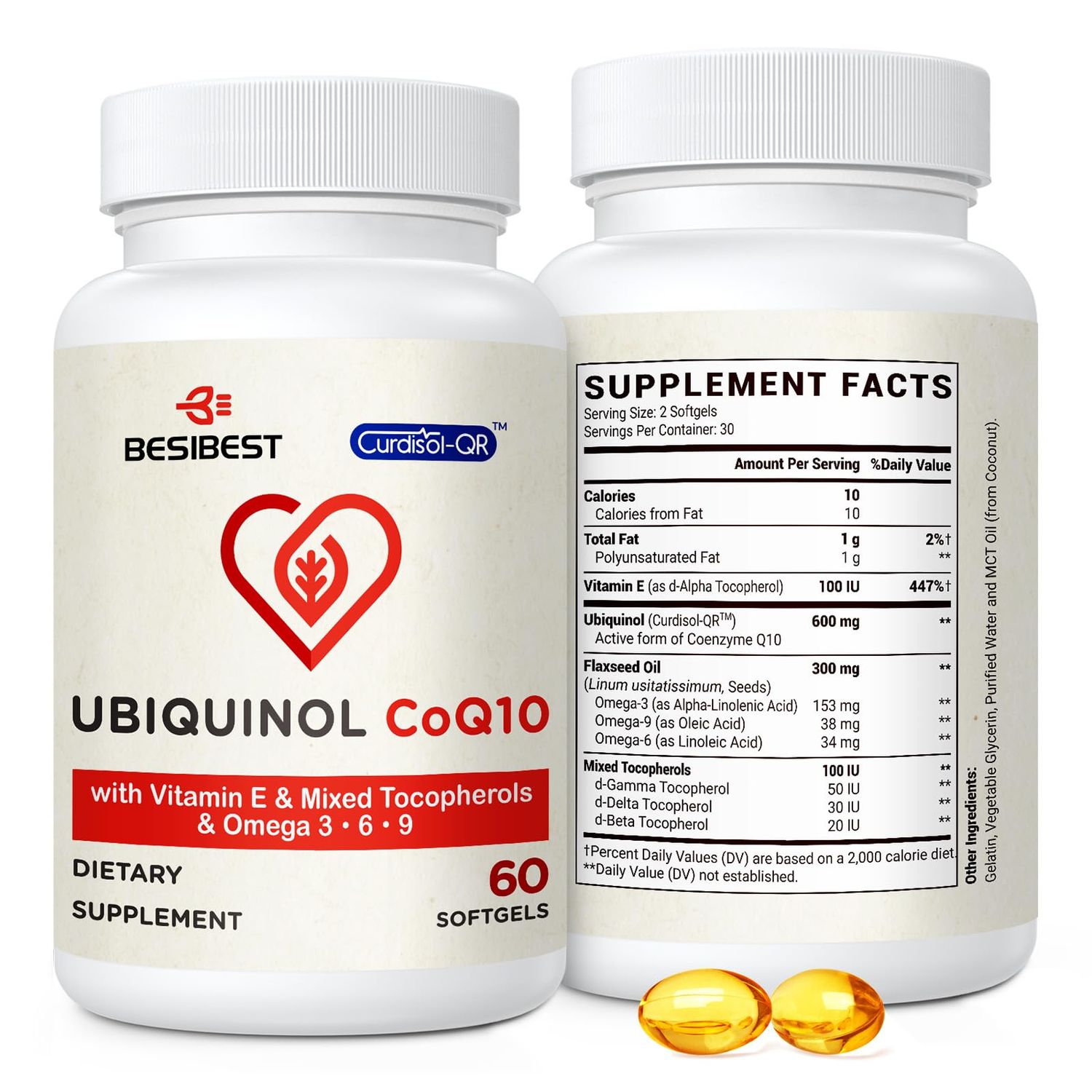 Ubiquinol CoQ10-600mg-Softgel, Active Coq10 Ubiquinol Supplement with Vitamin E &amp; Omega 3, 6, 9, High Absorption-Coenzyme-Q10, Powerful Antioxidant for Energy Production, Tested, 60 Count
