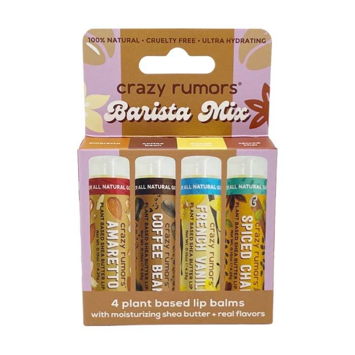 Crazy Rumors Barista Mix Lip Balm 4-Pack Mix (Amaretto, French Vanilla, Coffee Bean &amp; Spiced Chai) 100 Natural, Vegan, Plant-Based, Made in USA