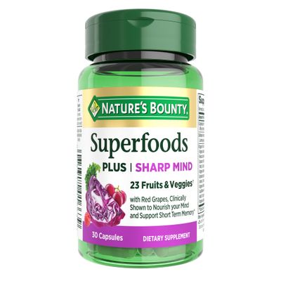 Nature&#39;s Bounty Superfoods Plus Sharp Mind for Brain Health, Memory; Focus, Superfoods with 23 Fruits &amp; Veggies Plus Red Grapes - Cognitive Supplement, 30 Capsules