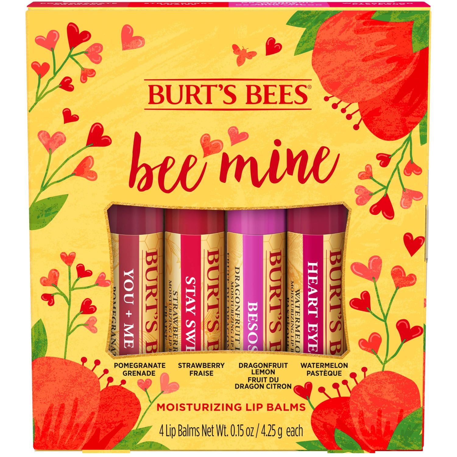 Burt&#39;s Bees Bee Mine Lip Balm Gift Set, Strawberry, Dragonfruit Lemon, Pomegranate and Watermelon, 4 Personalized Lip Balms, Pack May Vary