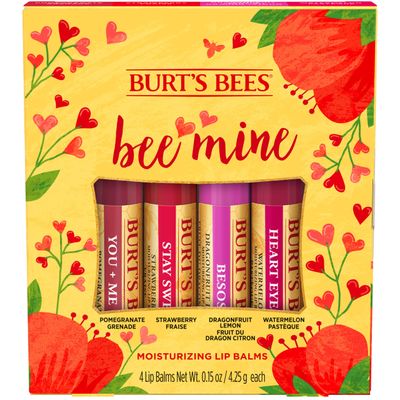 Burt&#39;s Bees Bee Mine Lip Balm Gift Set, Strawberry, Dragonfruit Lemon, Pomegranate and Watermelon, 4 Personalized Lip Balms, Pack May Vary