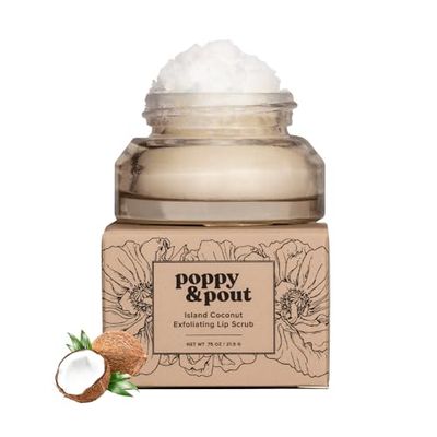 Poppy &amp; Pout Natural Lip Scrub, Moisturizing Sugar Scrub for Dry Lips, Lip Scrubber Exfoliator with Essential Oils Smooths and Hydrates Lips, In Recyclable Glass Jars, Cruelty Free - Island Coconut