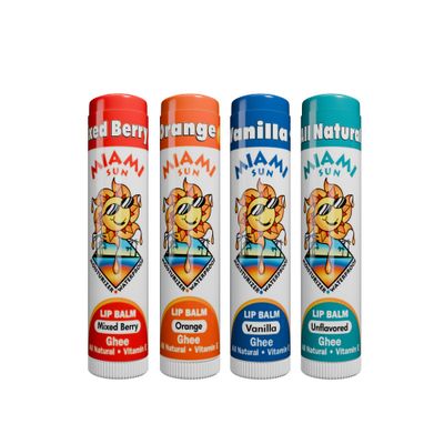 Miami Sun Natural Ghee Lip Balm, Hydrating Lip Treatment with Shea Butter &amp; Beeswax, Organic &amp; Non-Toxic, Best for Dry, Chapped Lips - Moisturizing, Healing, Chemical-Free Lip Care (4 Count, Variety)